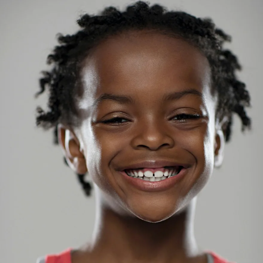 A child grinning widely, front teeth showing